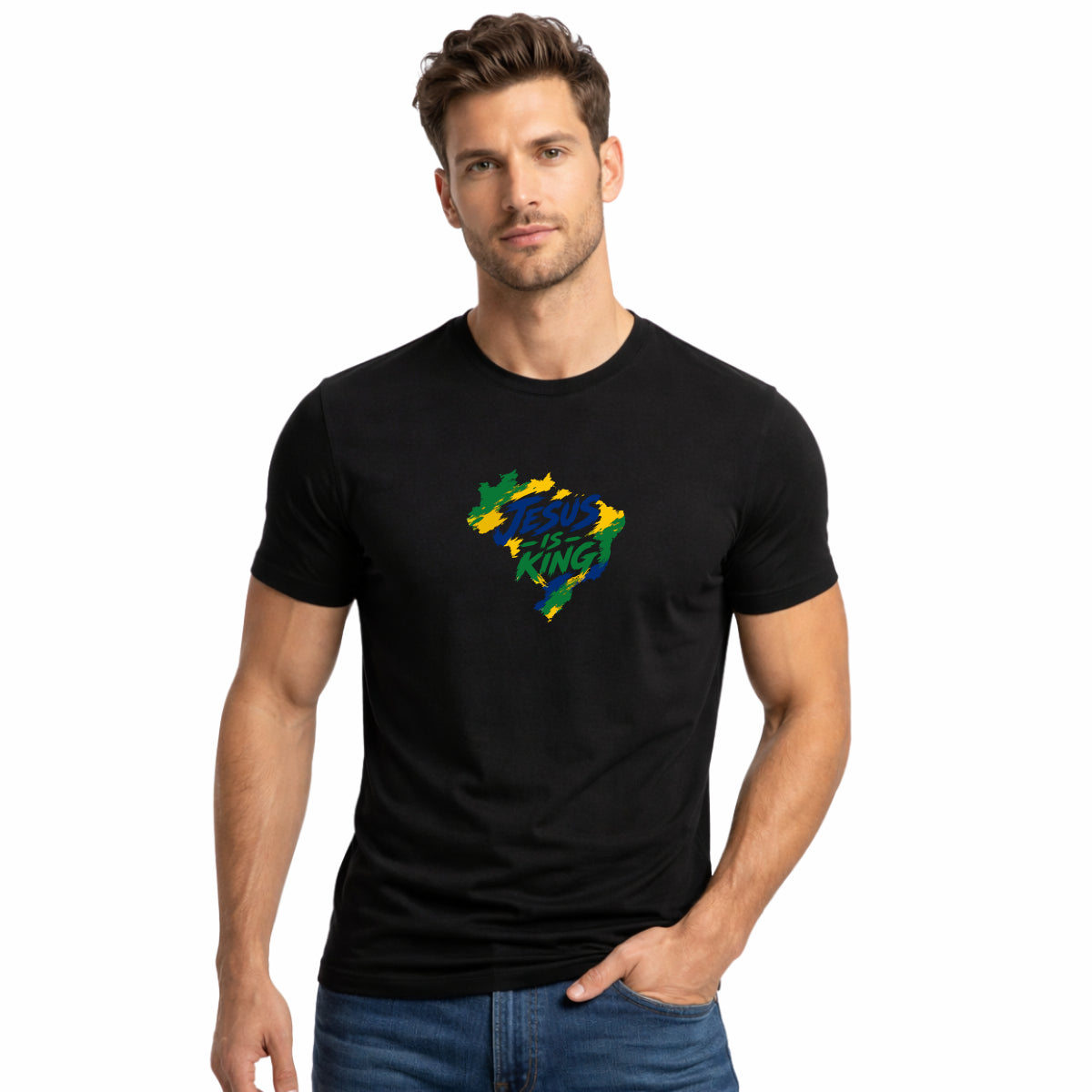 Camiseta Masculina Jesus is King Brasil