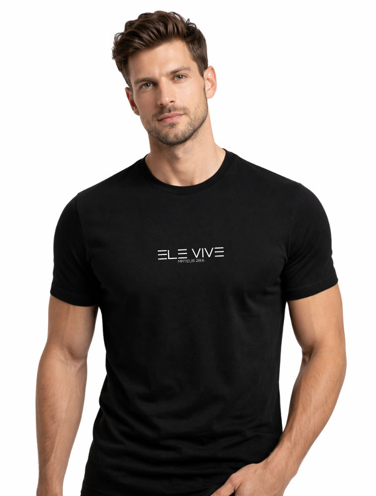 Camiseta Ele Vive masculina preta — estampa gospel minimalista Grace in Vogue