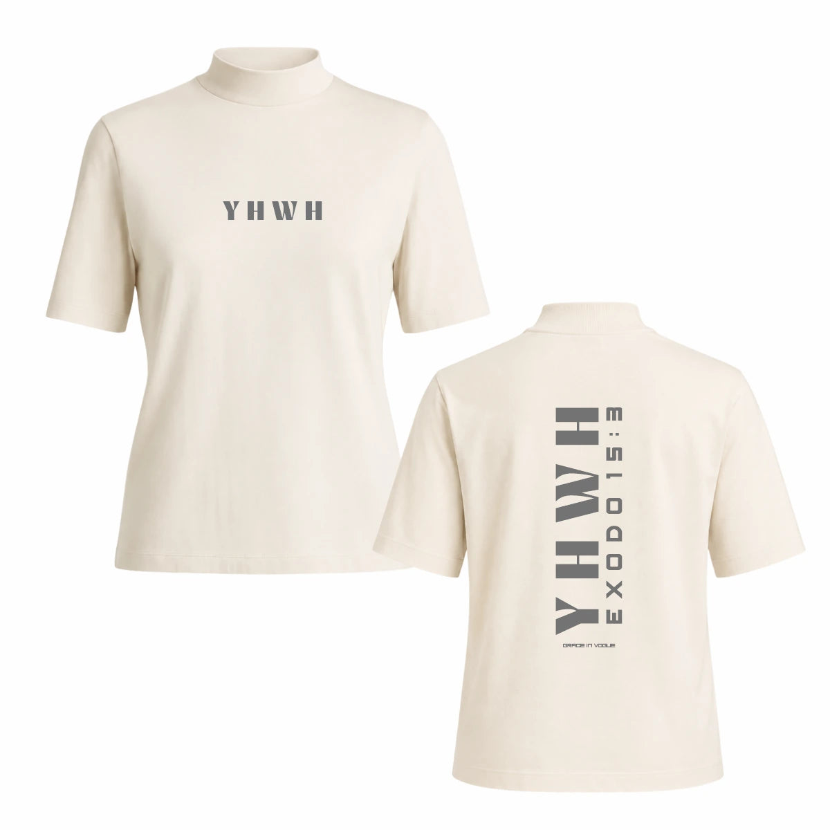 Camiseta Feminina YHWH Êxodo 15 3 Gola Alta Offwhite