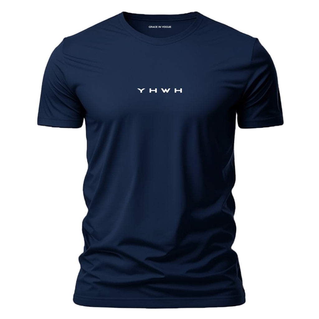 Camiseta Yhwh masculina azul marinho com estampa minimalista — Grace in Vogue