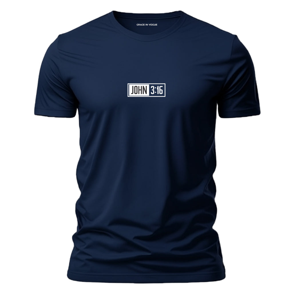 Camiseta João 3 16 masculina azul marinho com estampa minimalista — Grace in Vogue
