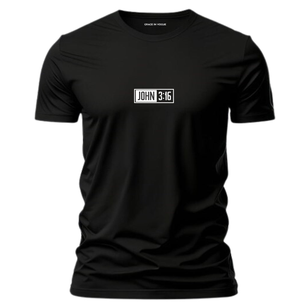 Camiseta João 3 16 masculina preta com estampa minimalista — Grace in Vogue